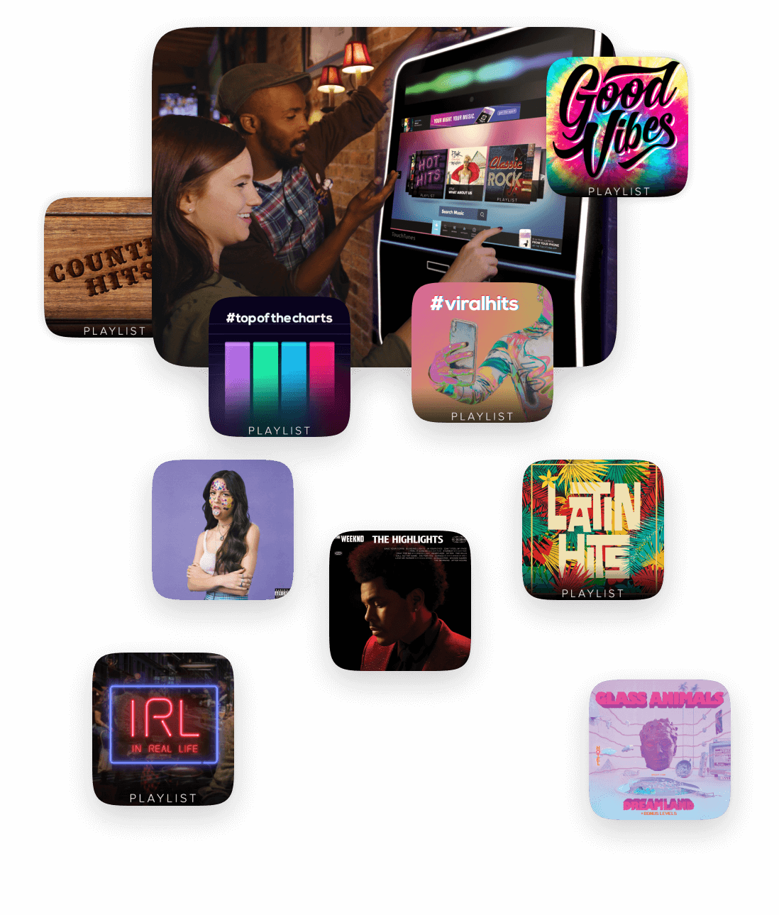 people using a jukebox surrounded by music artwork